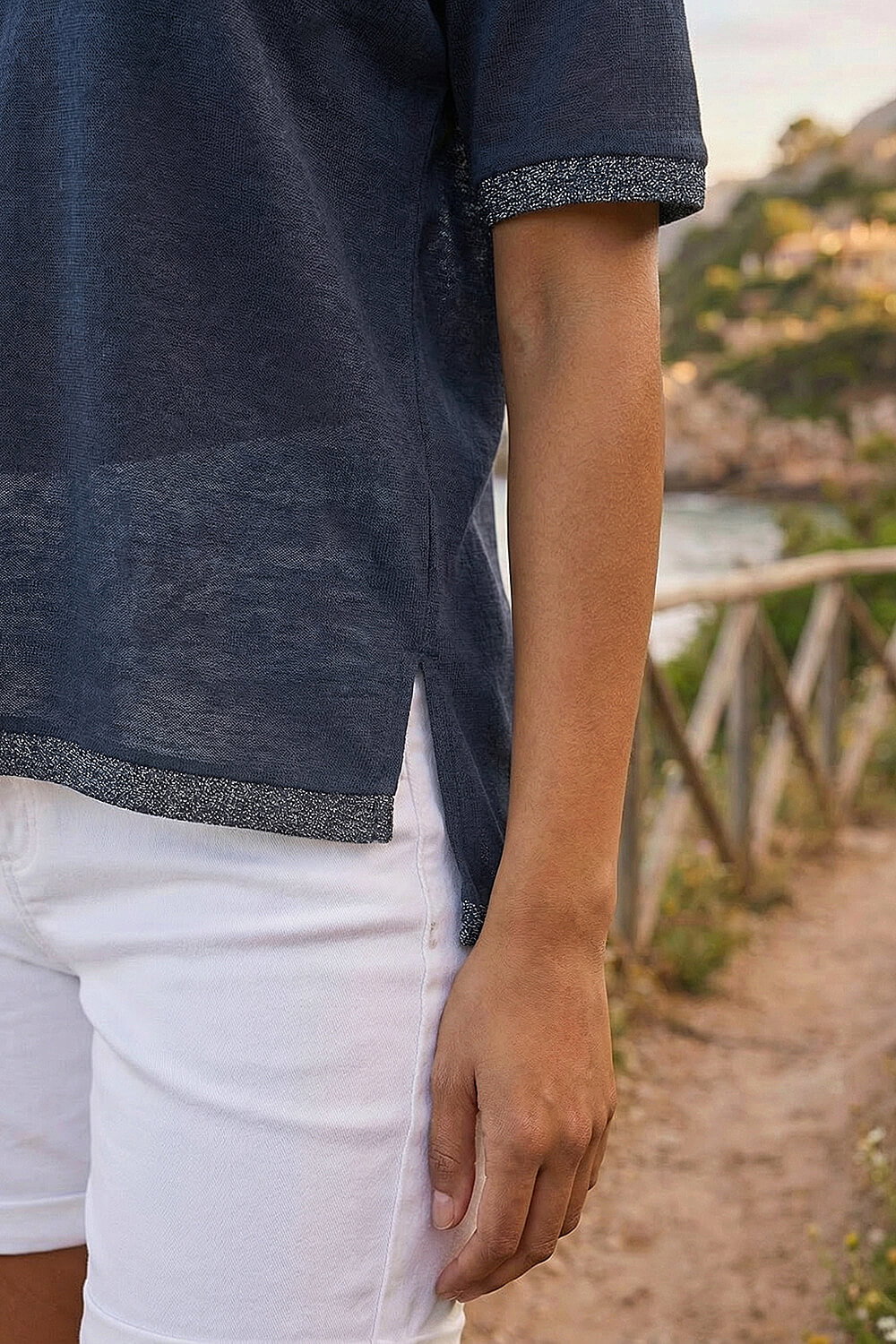 Navy Metallic Trim V-Neck T-Shirt, Image 5 of 4