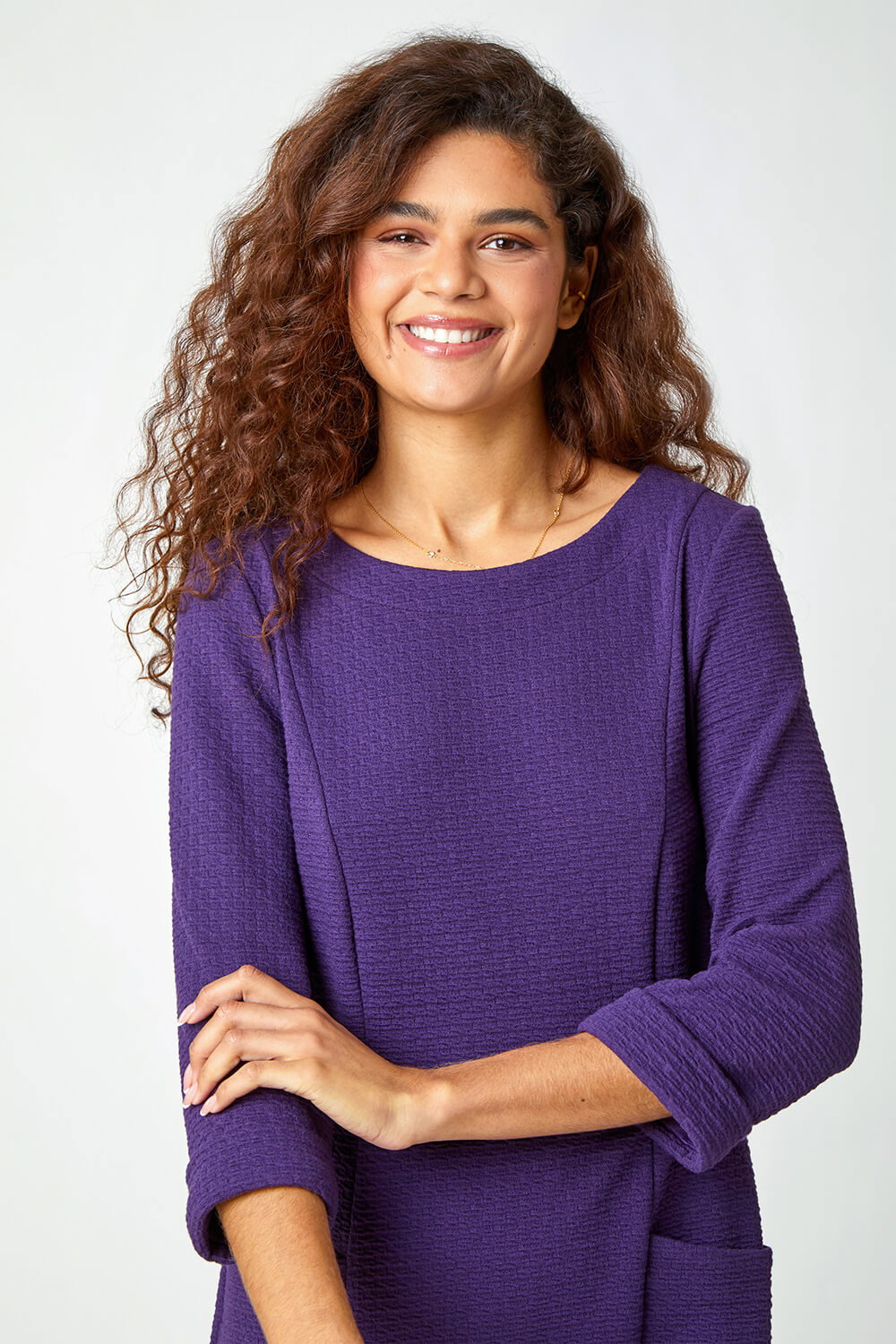 Purple Textured Cotton Blend Stretch Shift Dress, Image 5 of 5