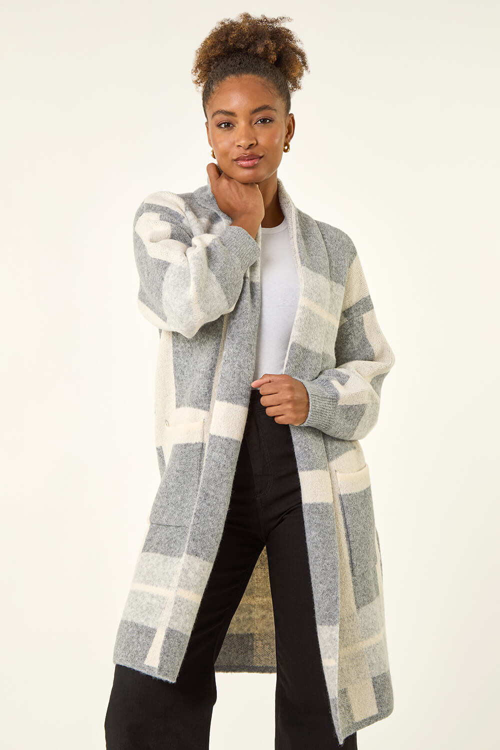 Roman Women's Grey Check Longline Pocket Cardigan Medium