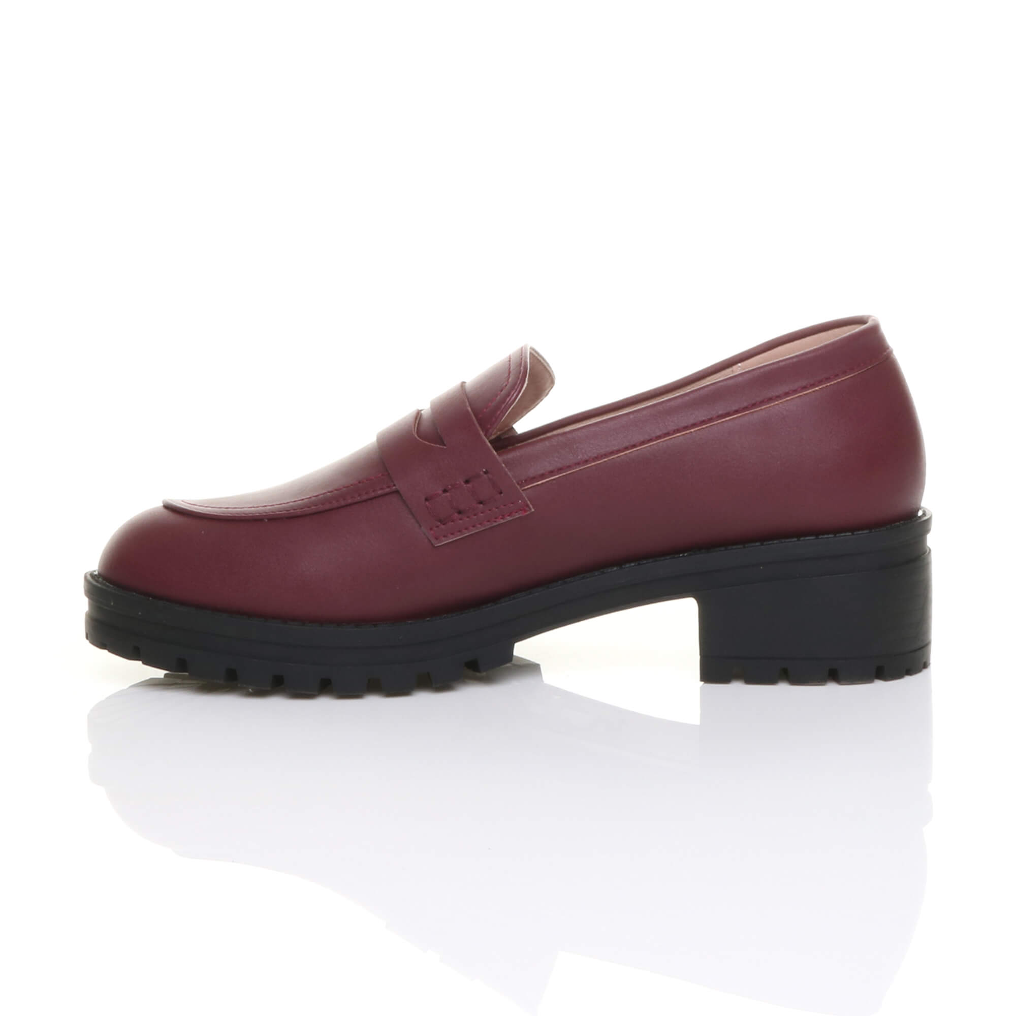 Burgundy AJVANI Burgundy Flat Chunky Heeled Penny Loafers, Image 3 of 5