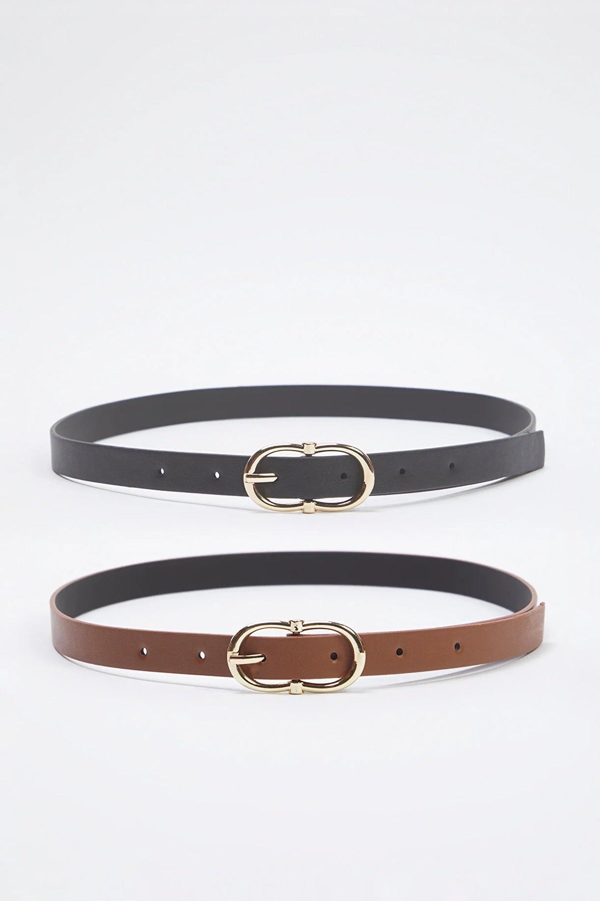 Multi Double Pack Gold Oval Buckle Slim Faux Leather Belt, Image 3 of 3