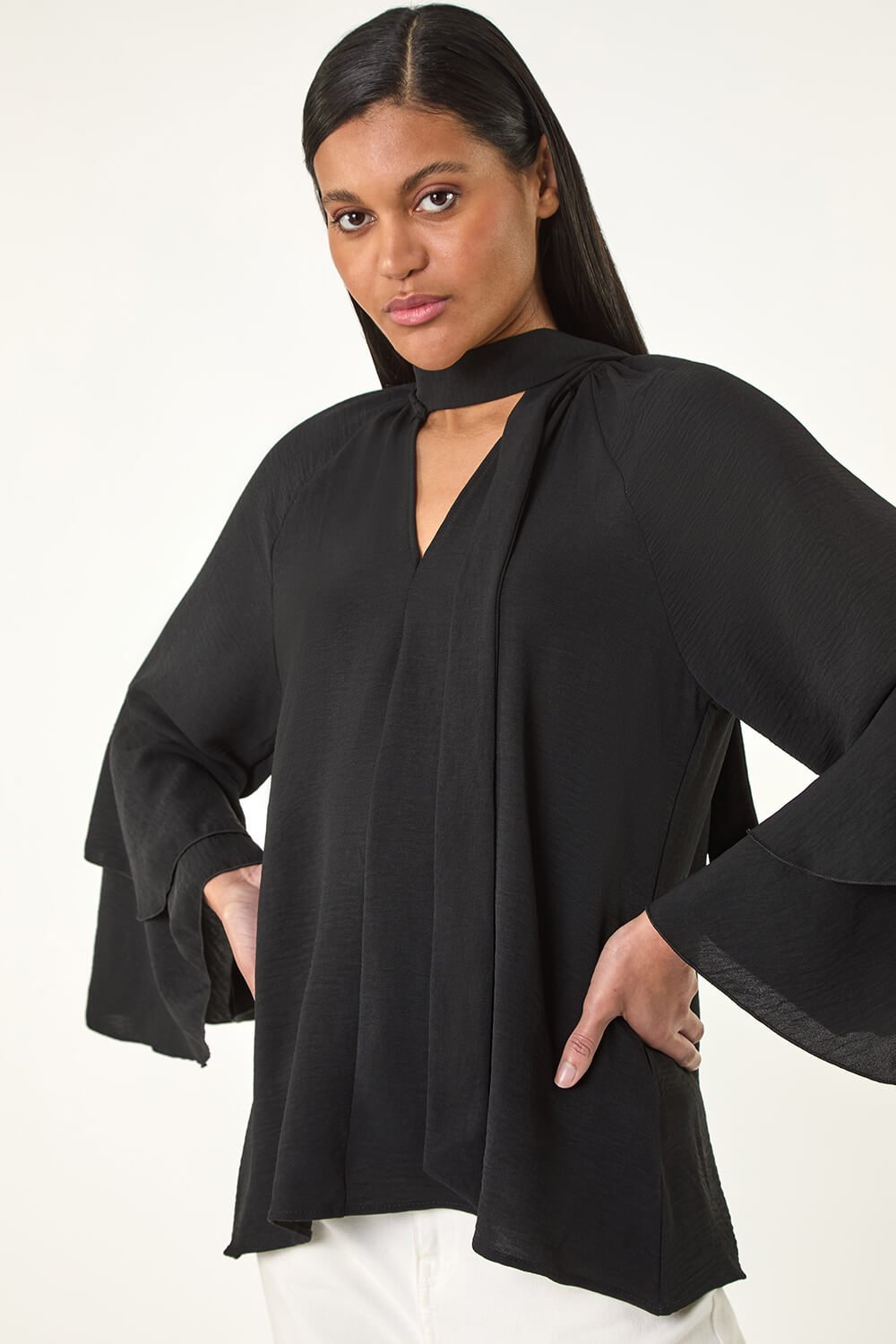 Black Frilled Sleeve Tie Front Top, Image 1 of 5