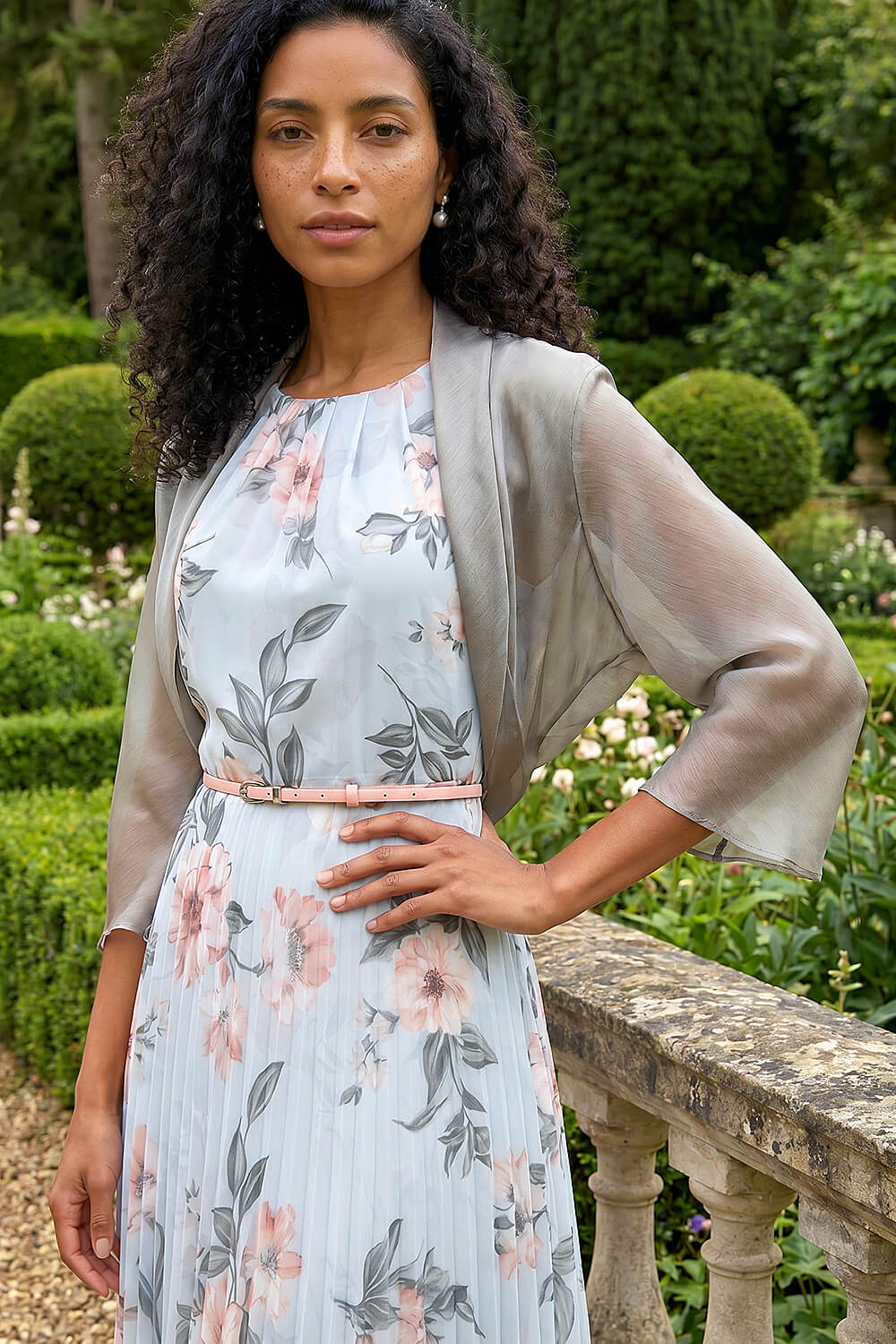 Silver 3/4 Sleeve Ruched Hem Chiffon Bolero, Image 1 of 4