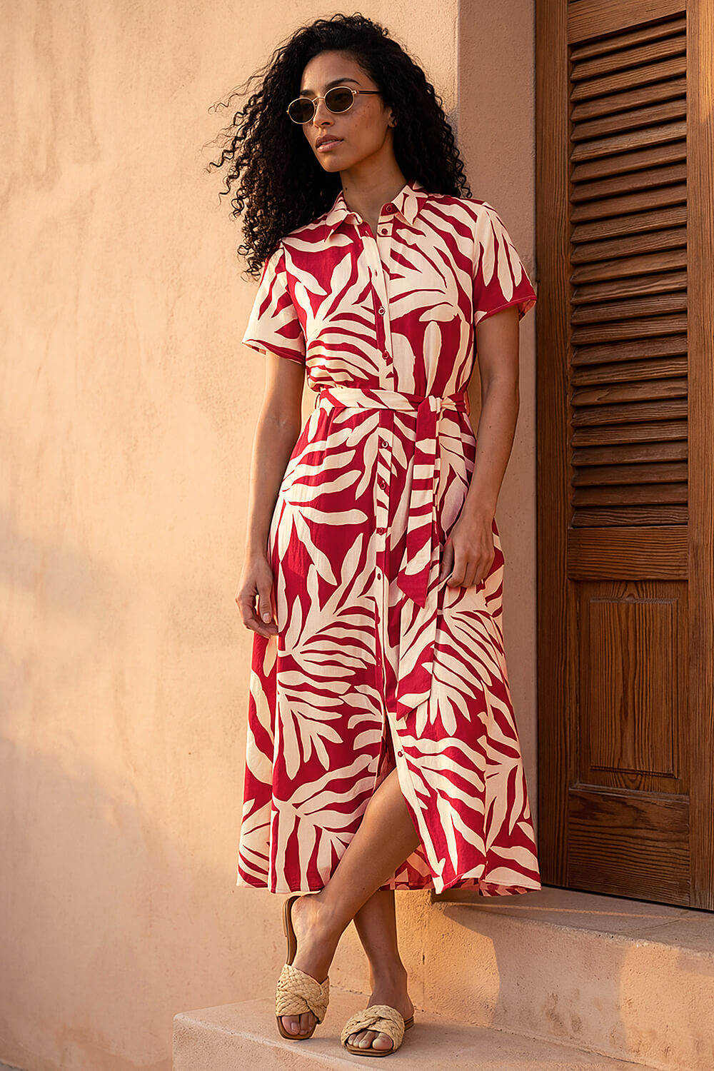 Red Leaf Print Belted Midi Shirt Dress, Image 3 of 4