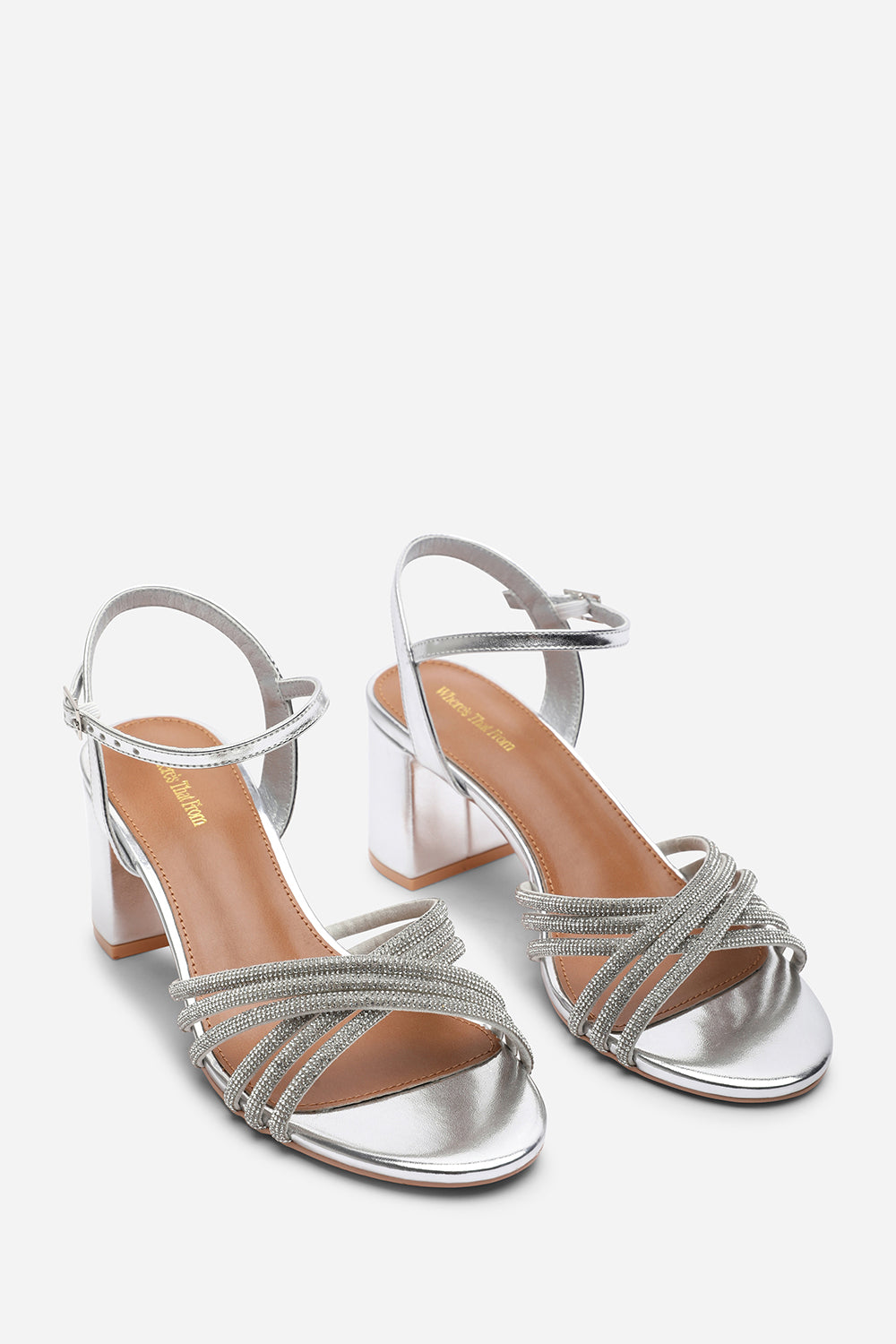 Silver Bellini Cross Over Diamante Strap Block Heel Sandals, Image 4 of 6