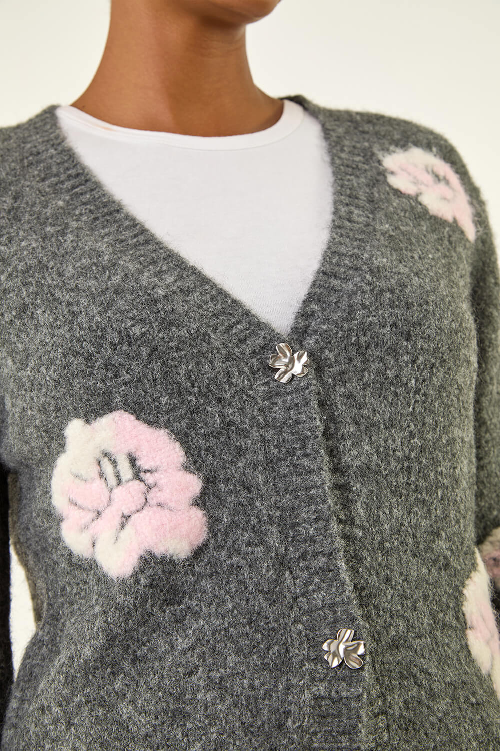 Grey Embossed Floral Knit Cardigan, Image 6 of 5