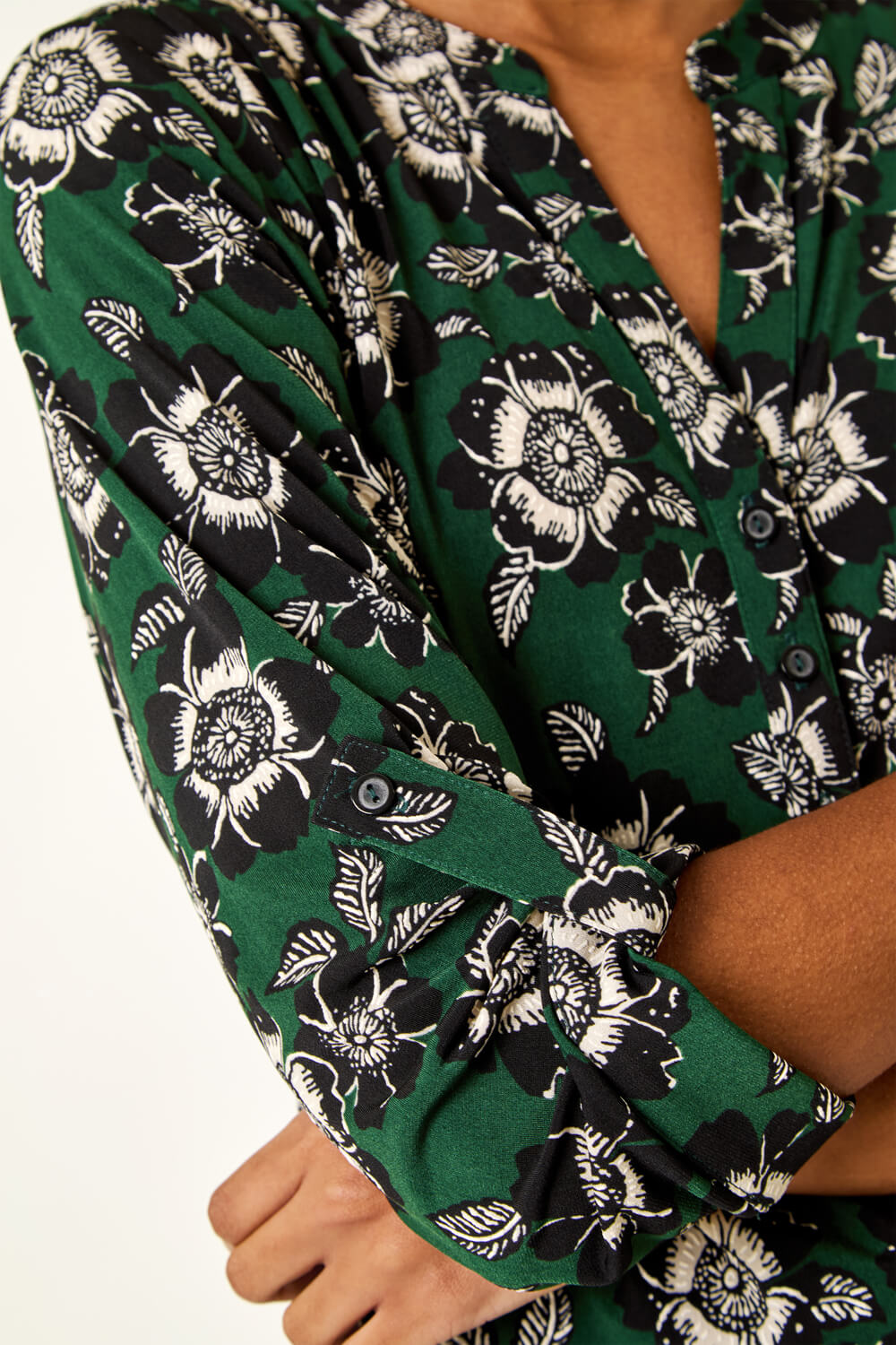 Green Floral Puff Print Stretch Shirt, Image 6 of 5