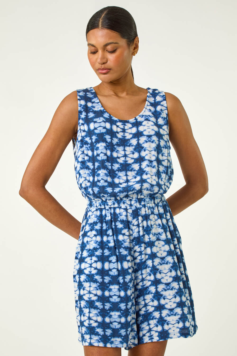 Navy Geo Print Crinkle Pocket Playsuit, Image 3 of 5