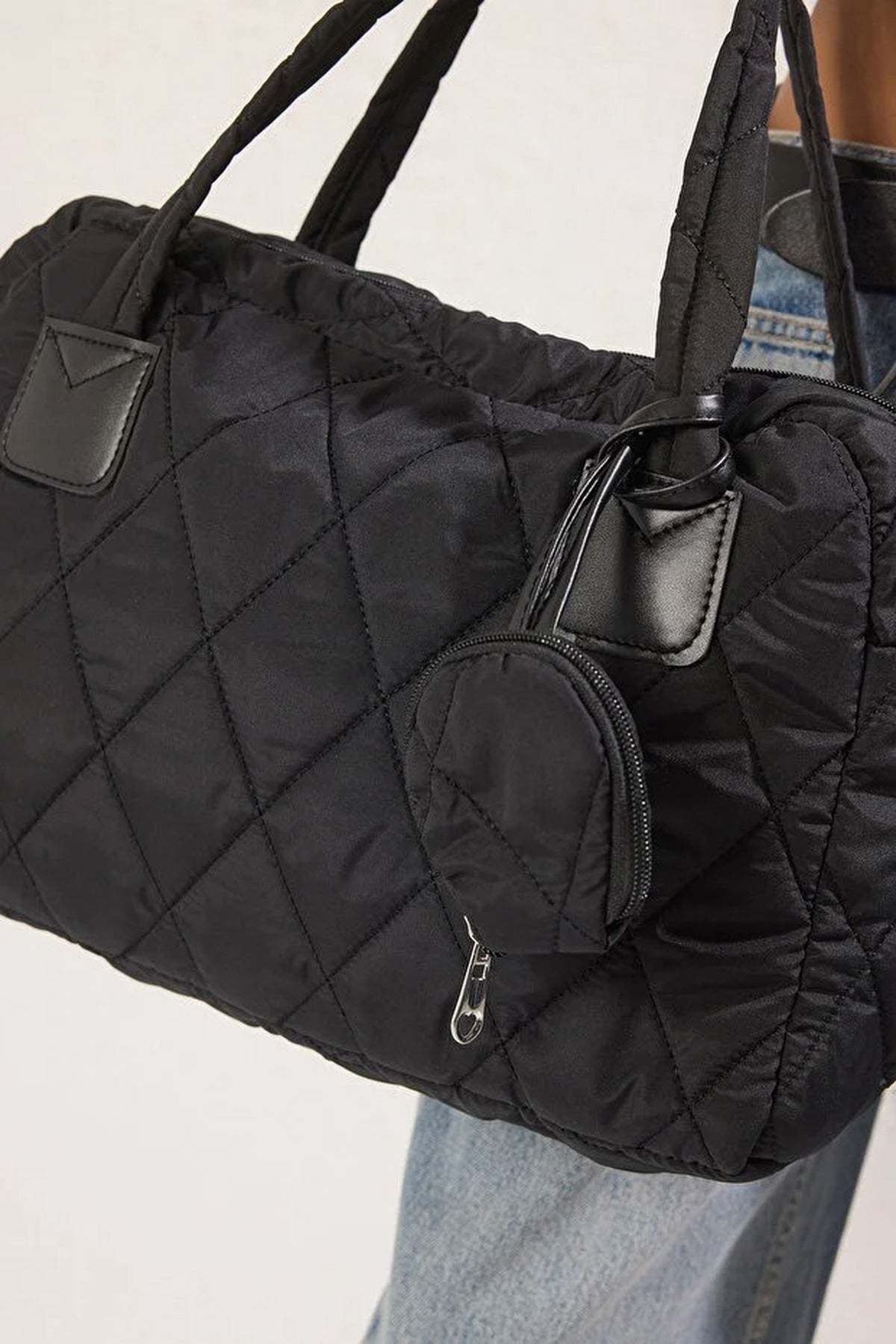 Black Quilted Nylon Tote Bag with Detachable Purse, Image 2 of 5