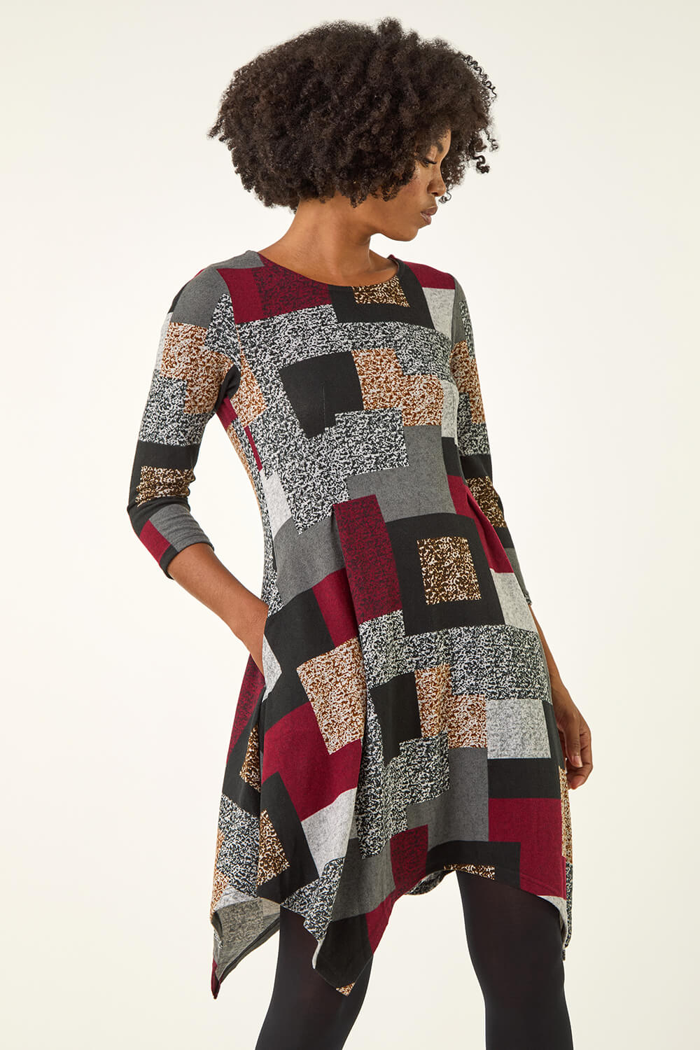 Red Patchwork Pocket Detail Stretch Dress, Image 3 of 5