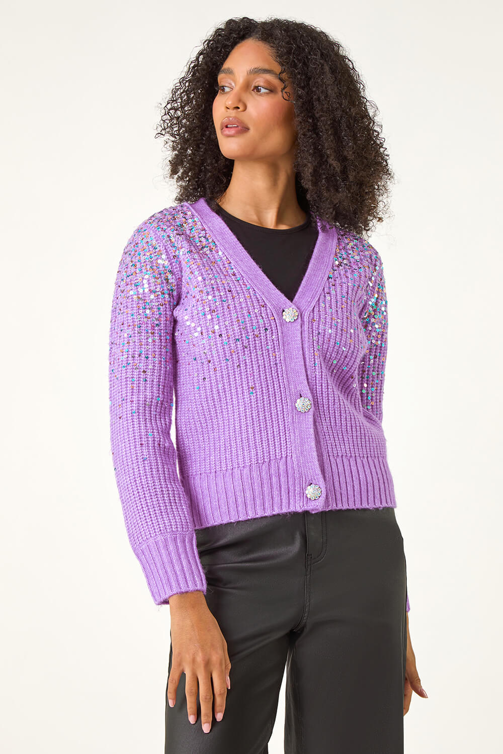 Lilac Sequin Knit Buttoned Cardigan, Image 5 of 5