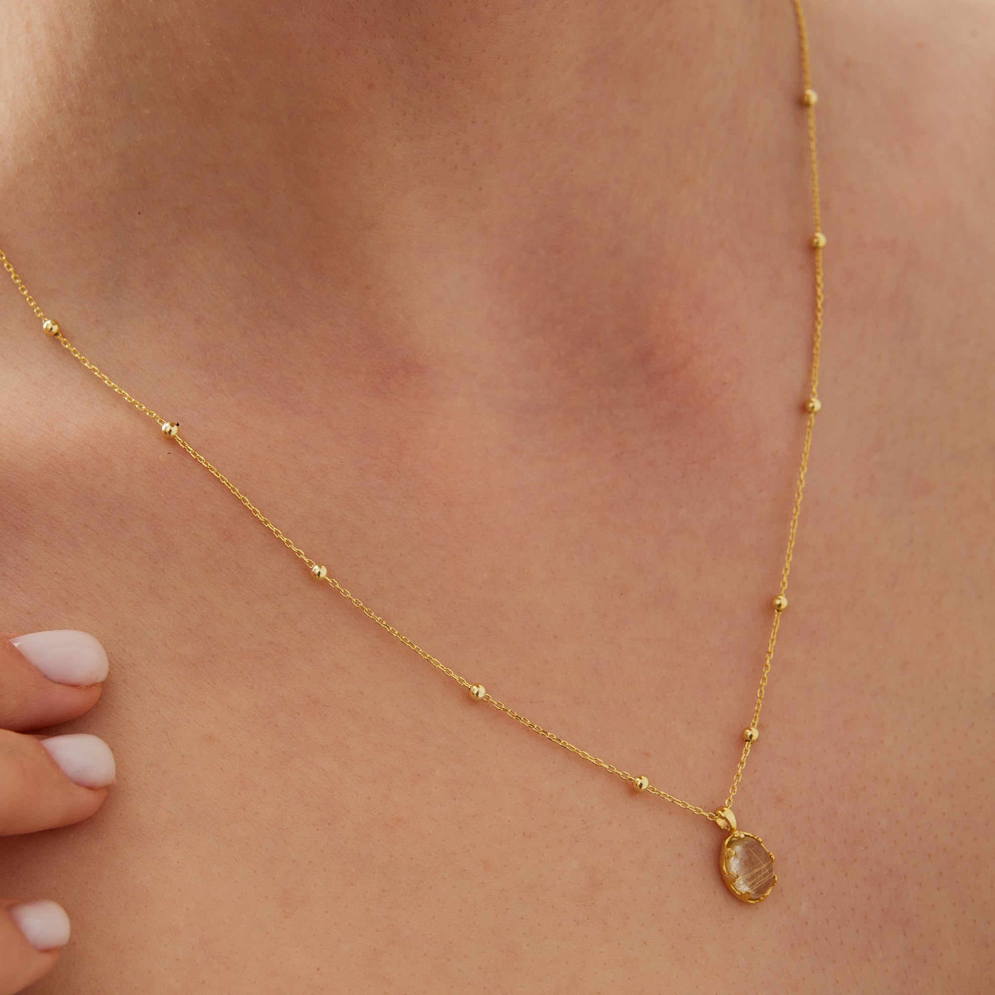 Gold Moonstone Sterling Silver Pendant Necklace With Beaded Chain, Image 4 of 4