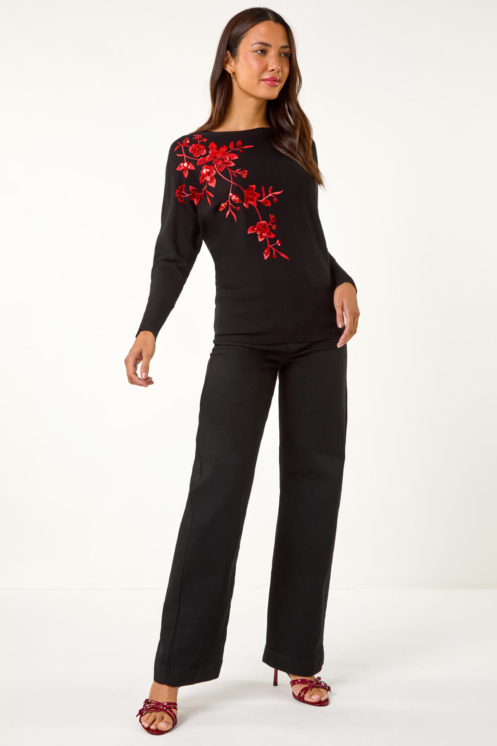 Black Sparkly Floral Knitted Jumper, Image 3 of 5