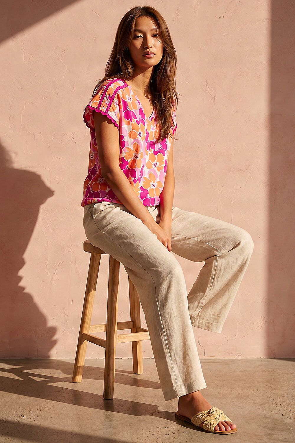 Pink Floral Print Ric Rac Trim Top, Image 3 of 4