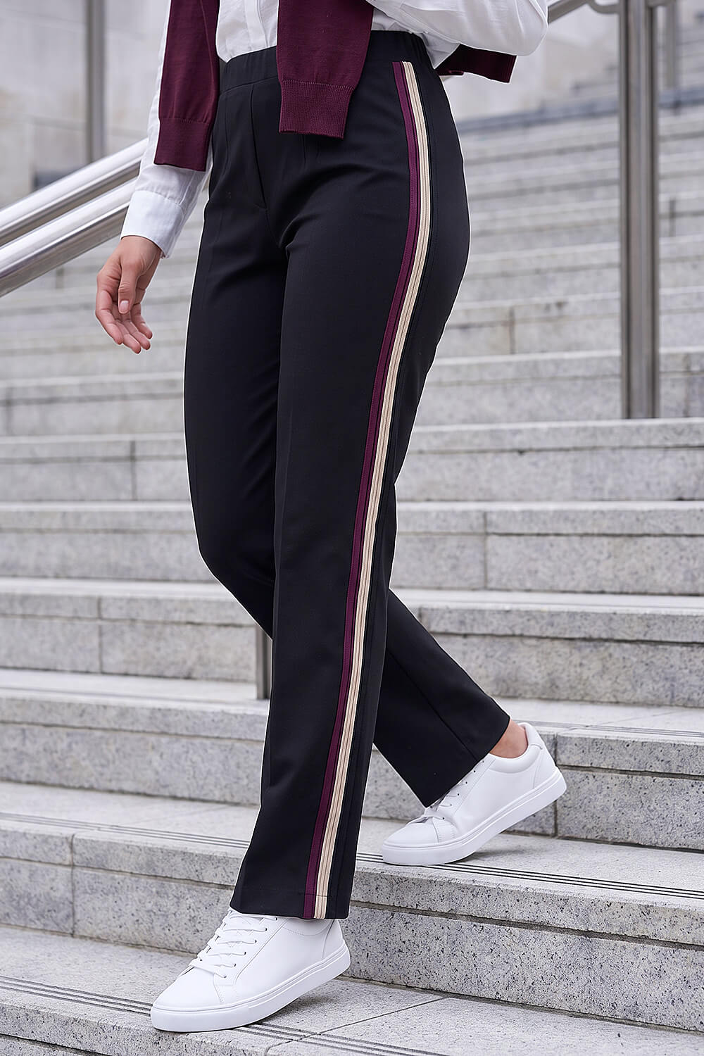 Roman Petite Women's Black Side Stripe Stretch Trouser Size 18