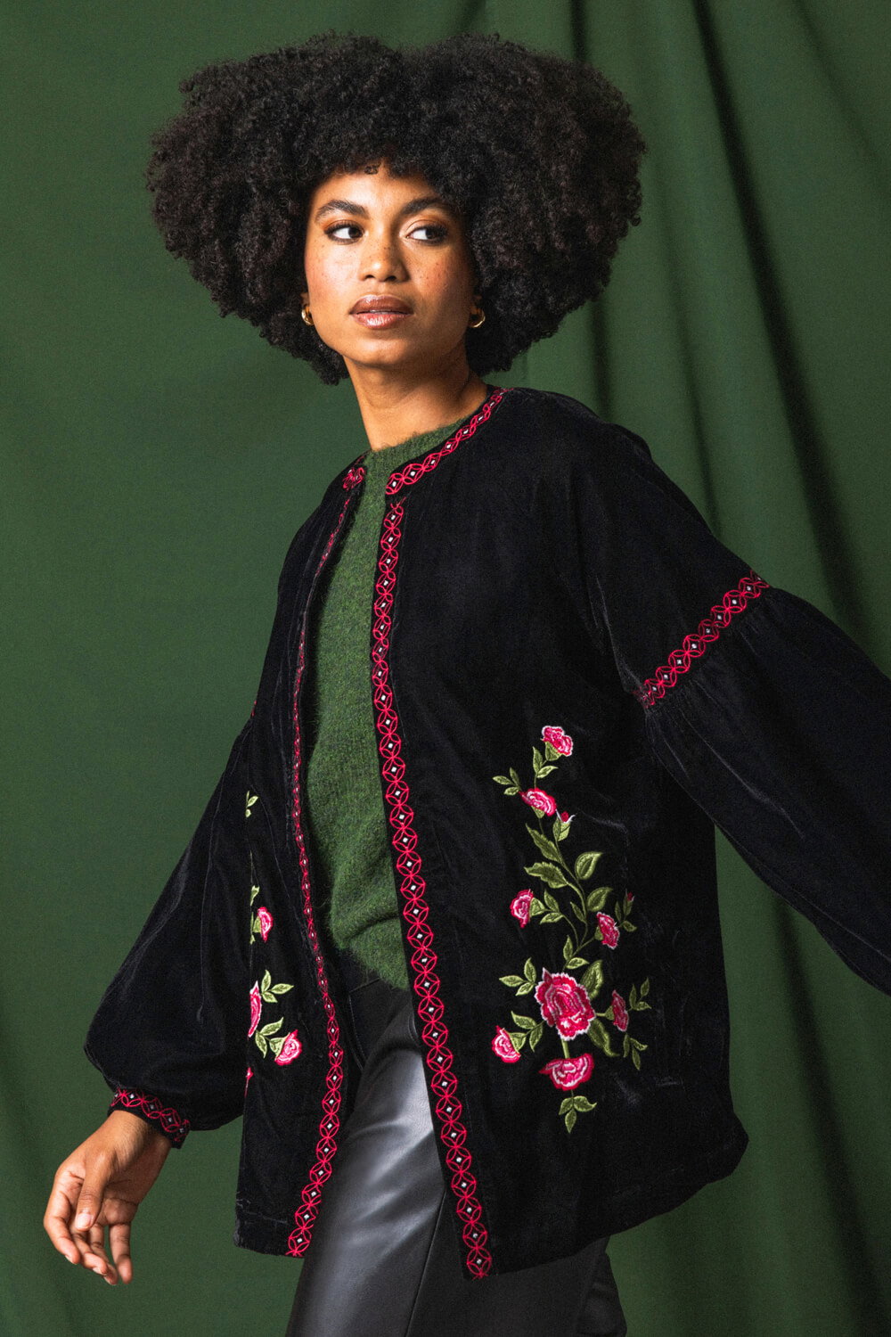 Black Floral Embroidered Velvet Trophy Jacket, Image 8 of 7