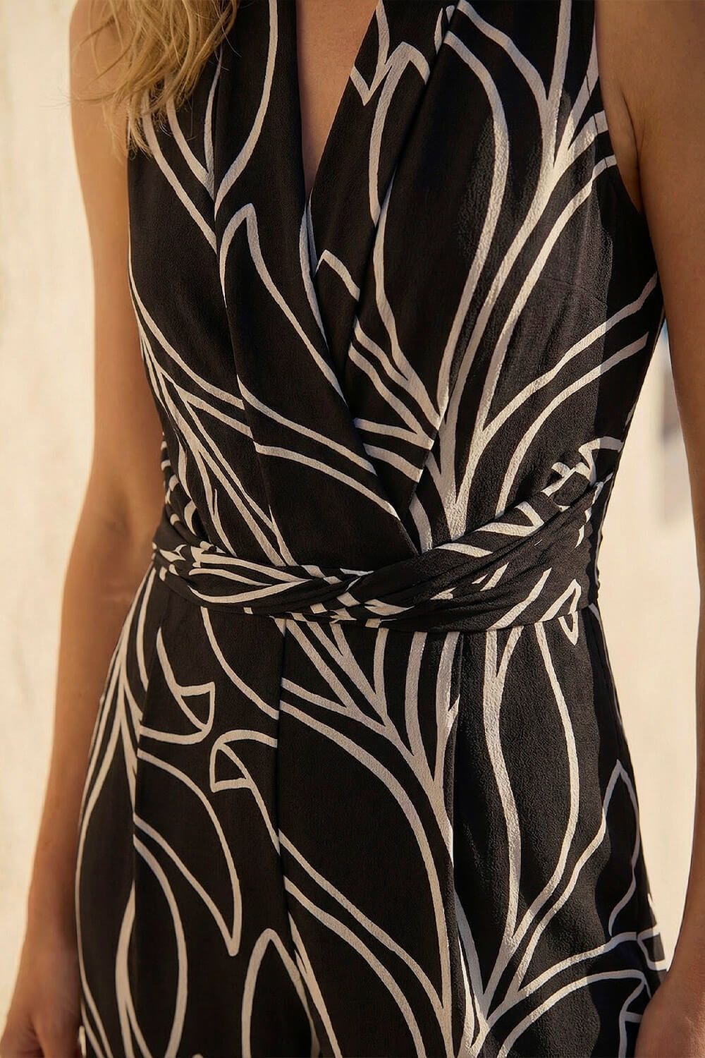 Black Abstract Leaf Print Crossover Jumpsuit, Image 5 of 4