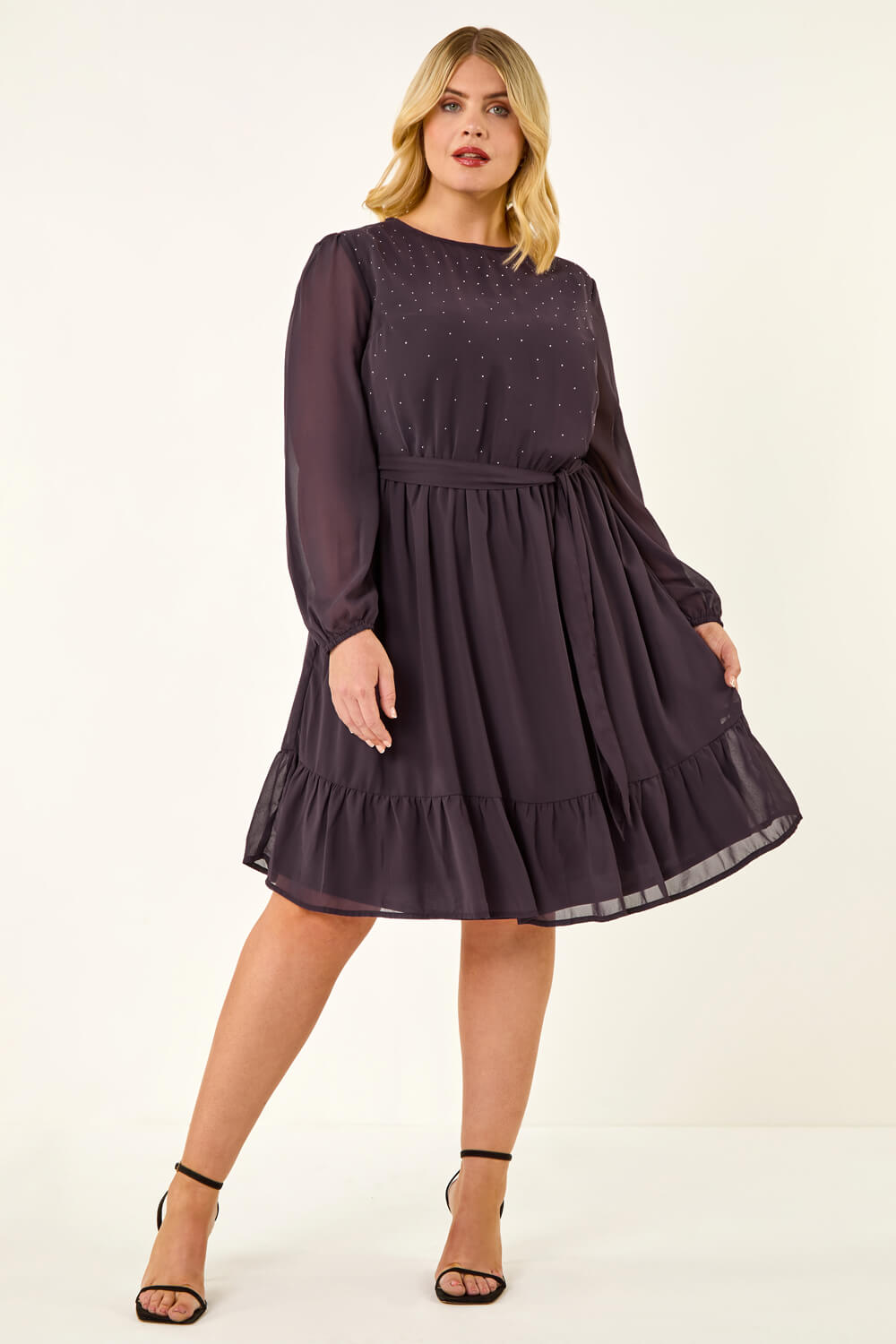 Plum Curve Hotfix Tie Waist Dress, Image 3 of 5