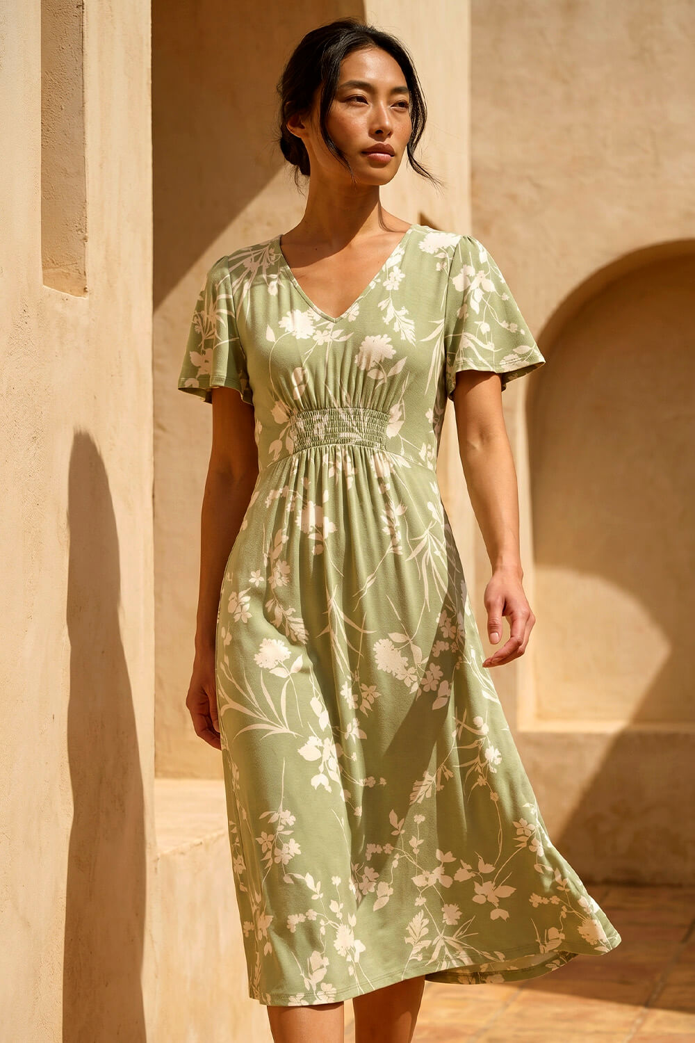 Khaki Petite Floral Shirred Waist Dress, Image 1 of 4