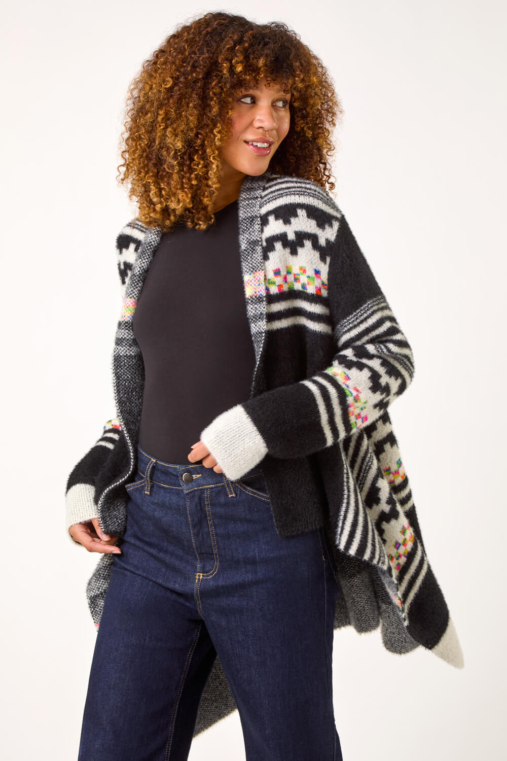 Black Pattern Fluffy Knit Cardigan, Image 1 of 5