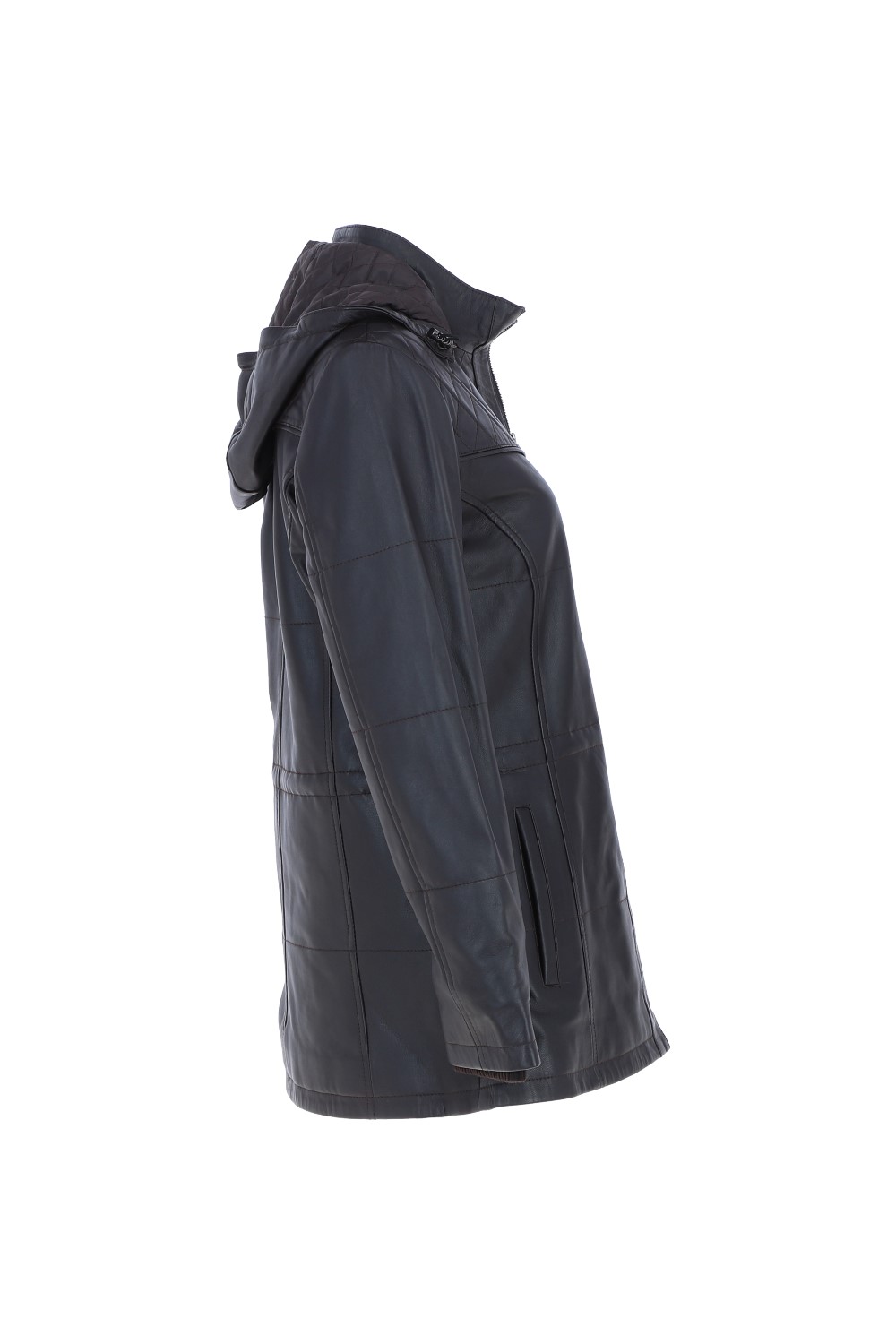 Brown Real Leather Hooded Duffle Jacket, Image 5 of 6