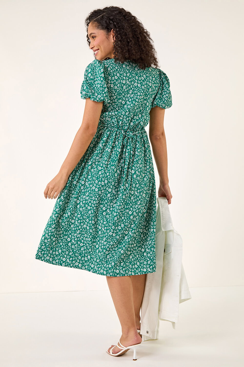 Green Ditsy Print V-Neck Midi Dress , Image 4 of 5
