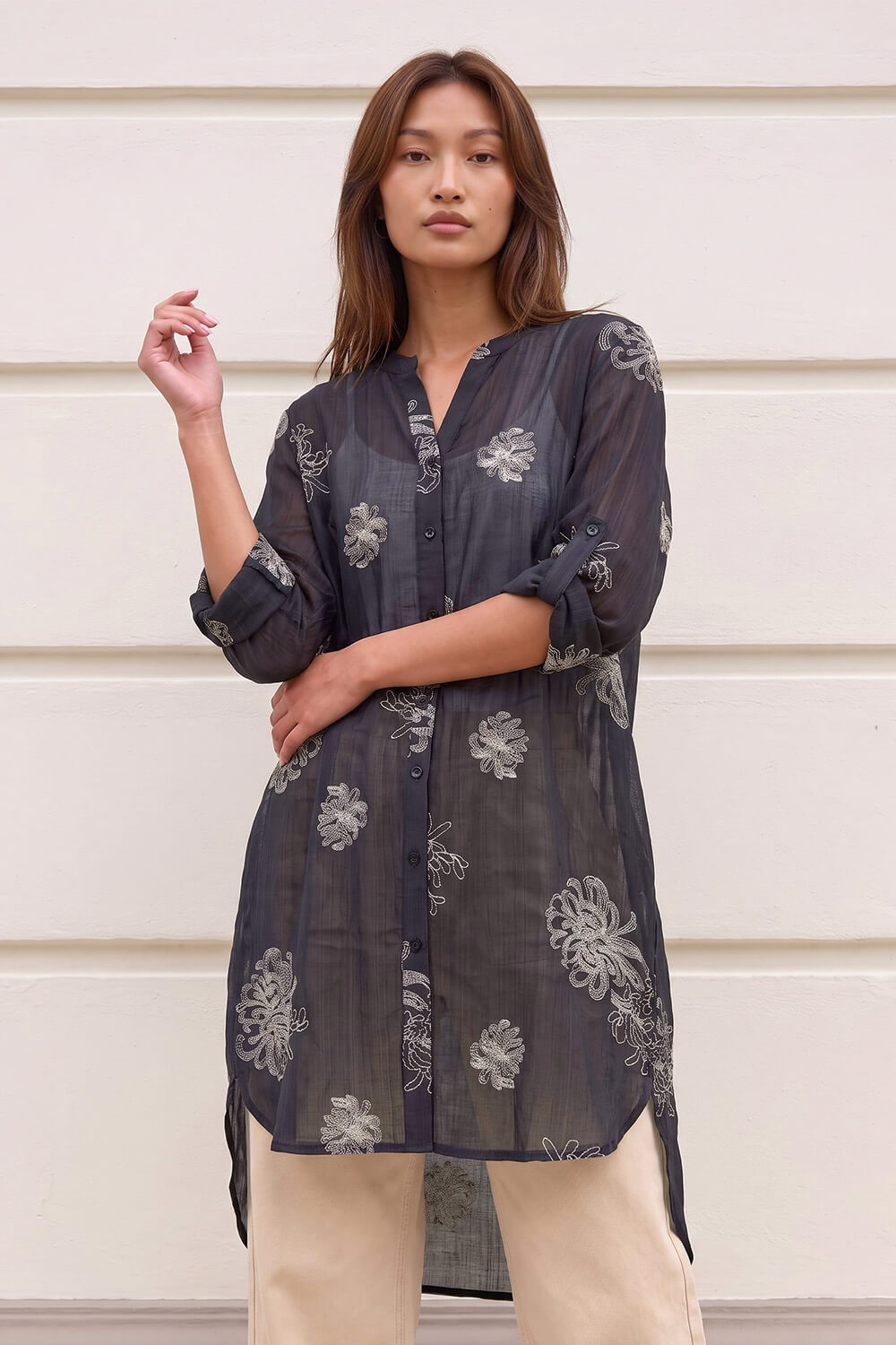 Roman Women's Black Floral Print Longline Blouse Size 16