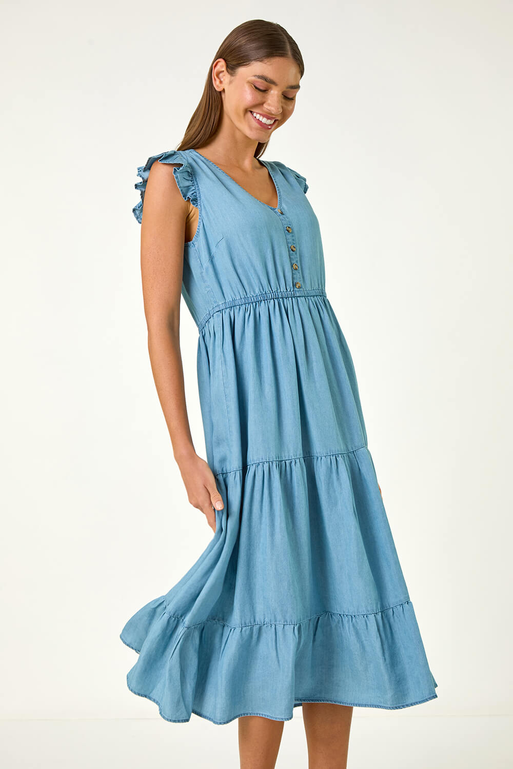 Light Denim Tiered Frill Sleeve Midi Dress , Image 5 of 5
