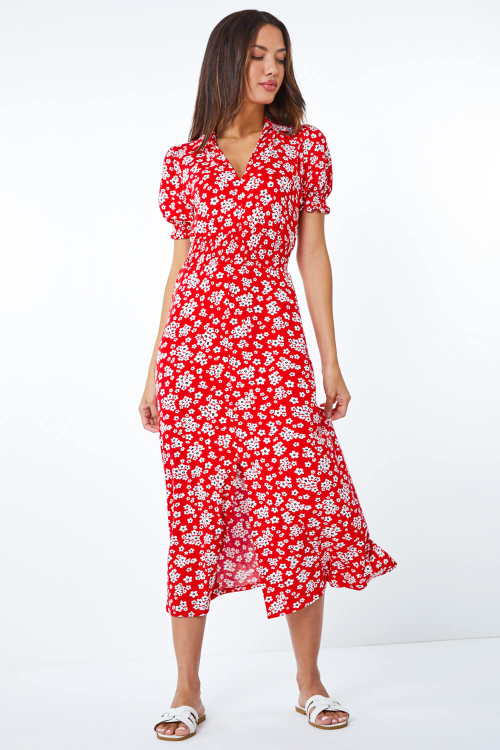 Red Ditsy Floral Print Fit & Flare Dress, Image 3 of 5