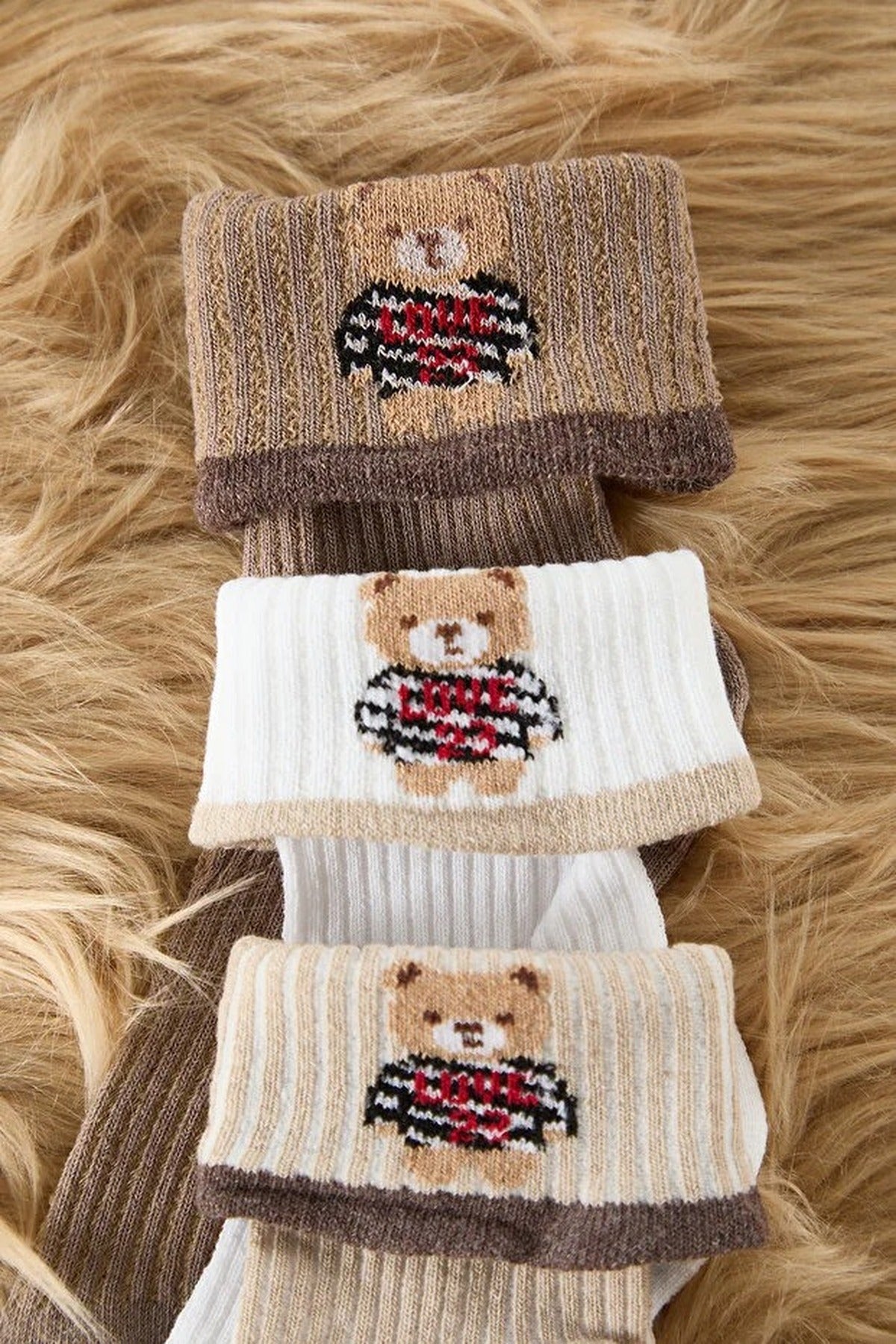 Multi 3 Pack Teddy Bear Jacquard Knit Crew Socks, Image 2 of 2