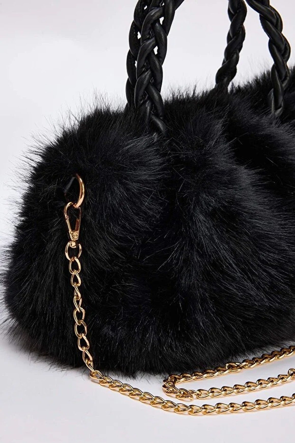 Black Women's Faux Fur Gathered Shoulder Bag with Braided Handle, Image 3 of 3
