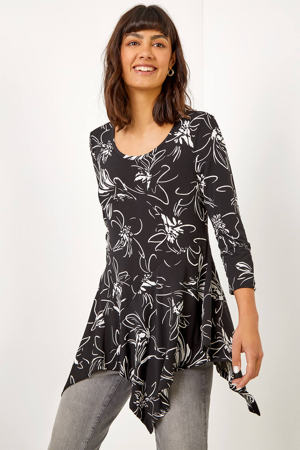 Black Linear Floral Print Hanky Hem Top , Image 1 of 5