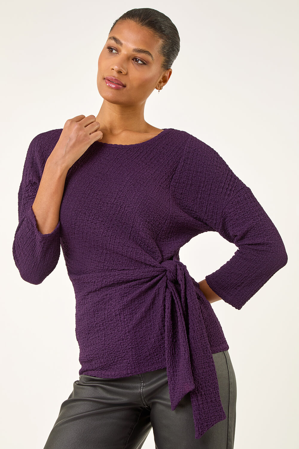 Purple Textured Asymmetric Wrap Top, Image 3 of 5