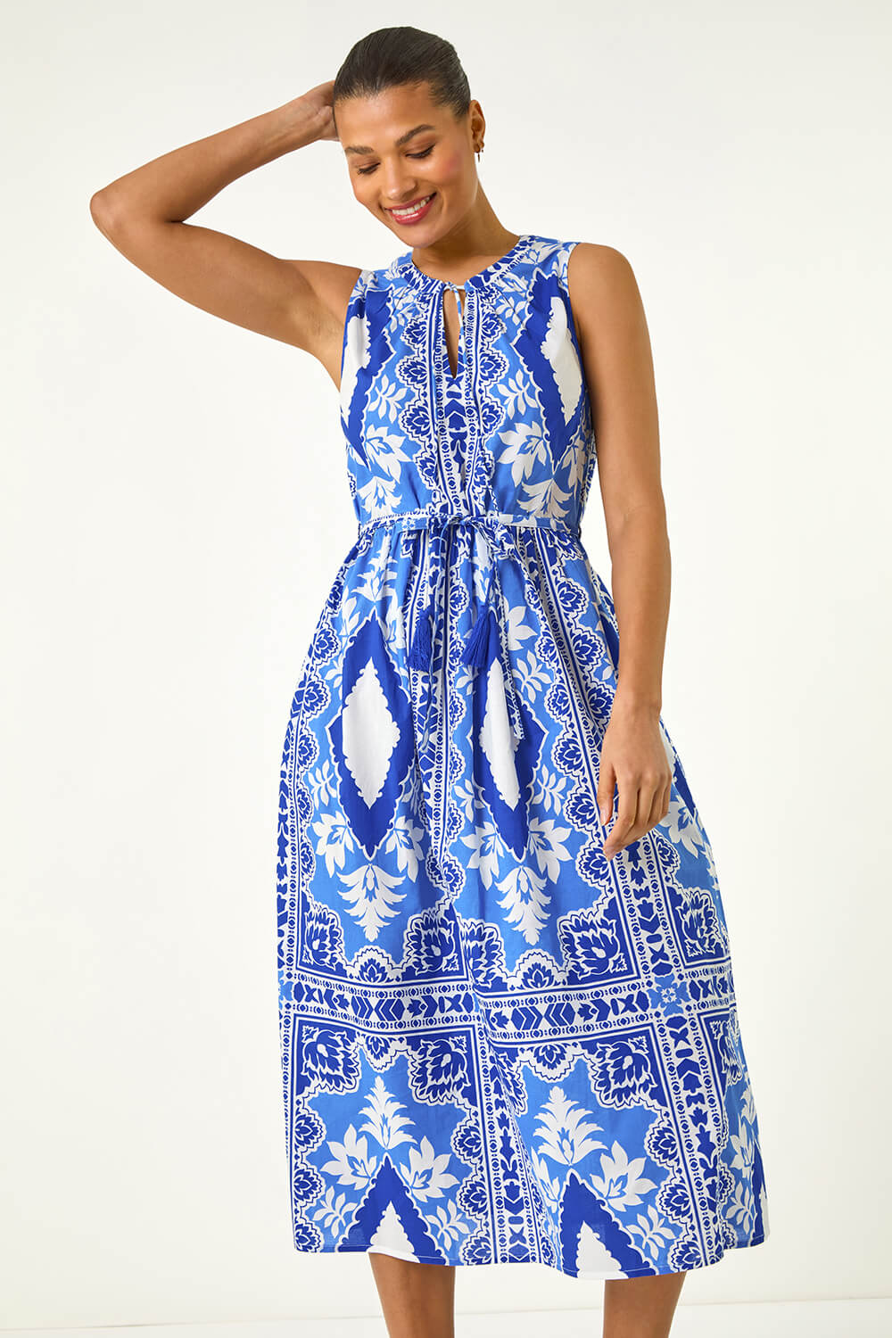 Blue Abstract Halter Neck Midi Dress, Image 5 of 5