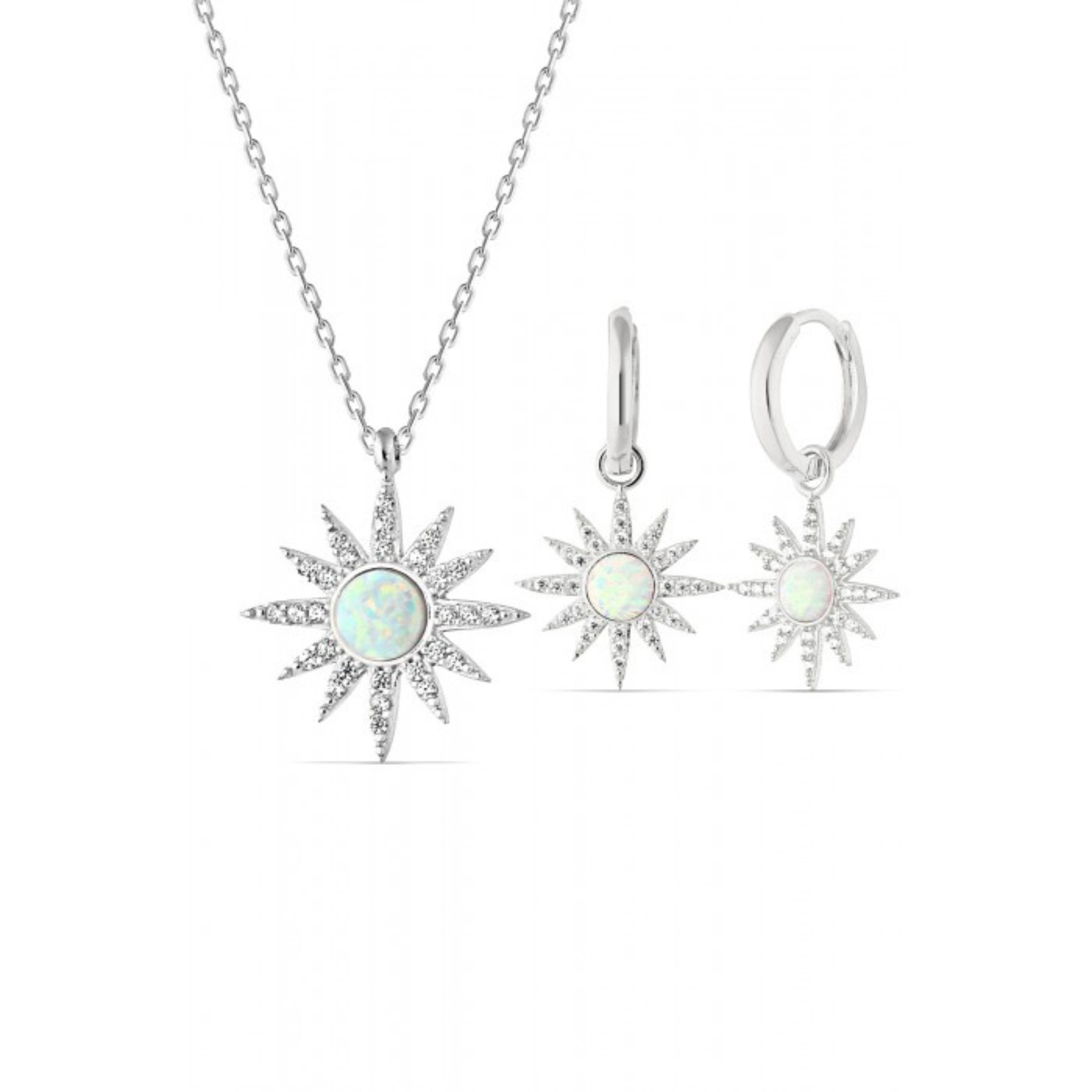 Silver White Opal Sun Sterling Silver Necklace and Earrings Set, Image 1 of 2