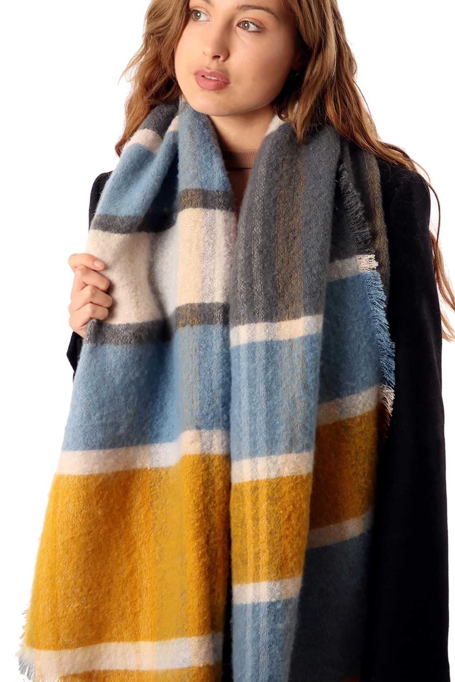 Mustard Striped Tartan Winter Blanket Scarf, Image 2 of 3