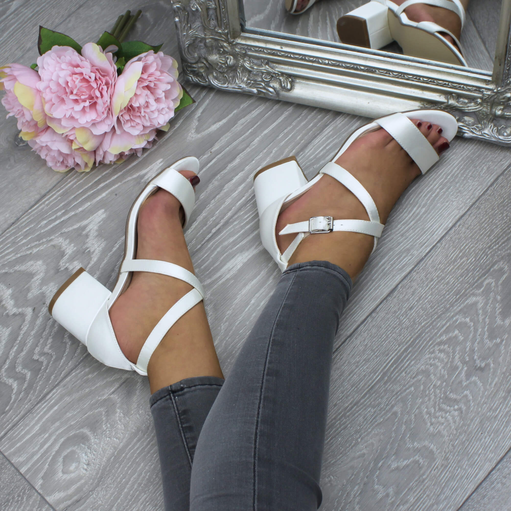 Ivory AJVANI Ivory Mid Block Heel Crossed Straps Sandals, Image 5 of 6