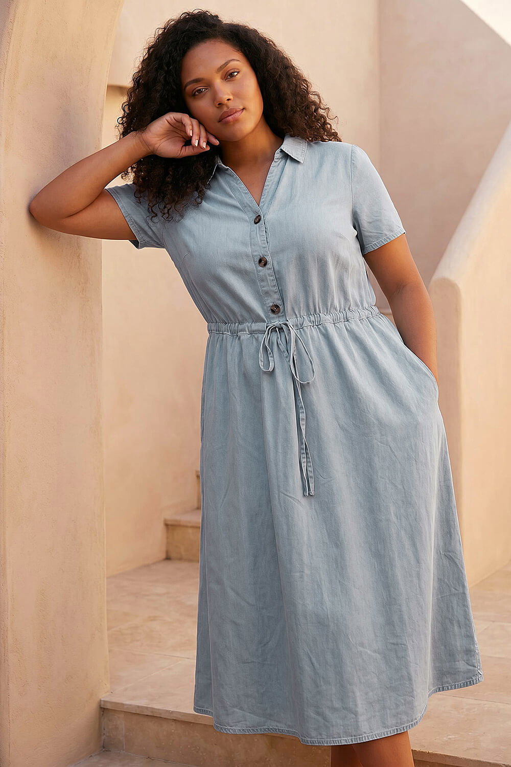 Denim Curve Tie Waist Shirt Dress, Image 3 of 4