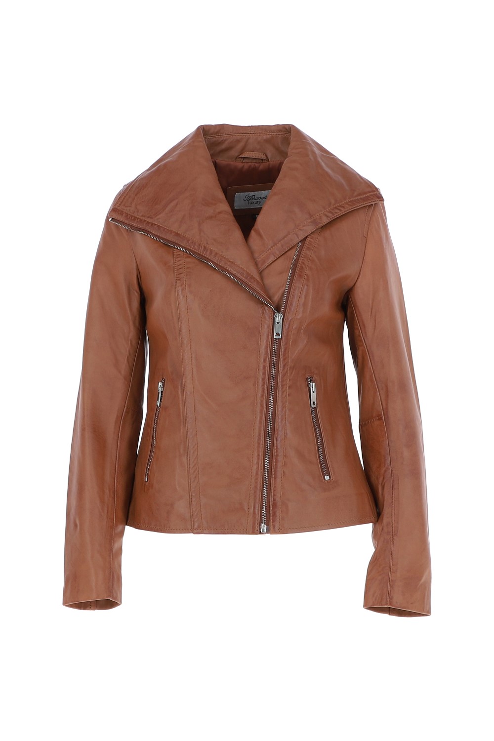 Tan Ashwood Leather Tan 'Isabella' Real Leather Wide Collar Biker Jacket, Image 2 of 5