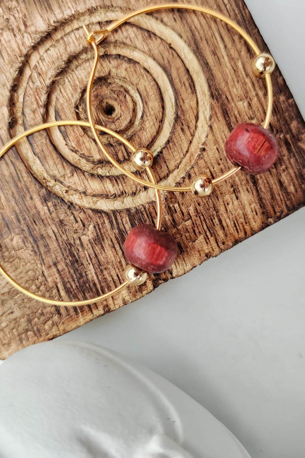 Red Red Sandalwood Beaded Minimalist Dangle Boho Hoop Earrings, Image 2 of 2