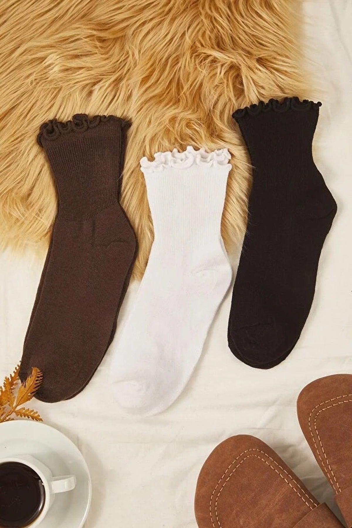 Multi Three Pack Cotton Ribbed Knit Socks with Lettuce Edge Detail, Image 1 of 5