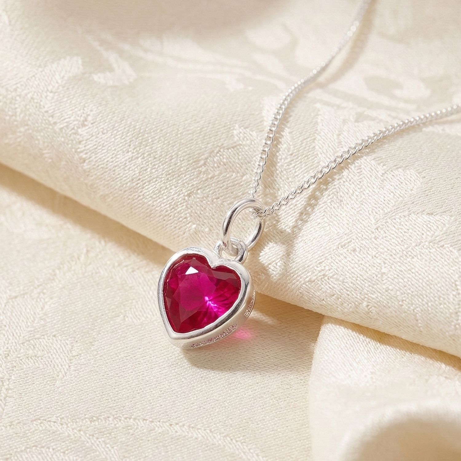 Pink Mini Heart Silver Ruby July Birthstone Necklace