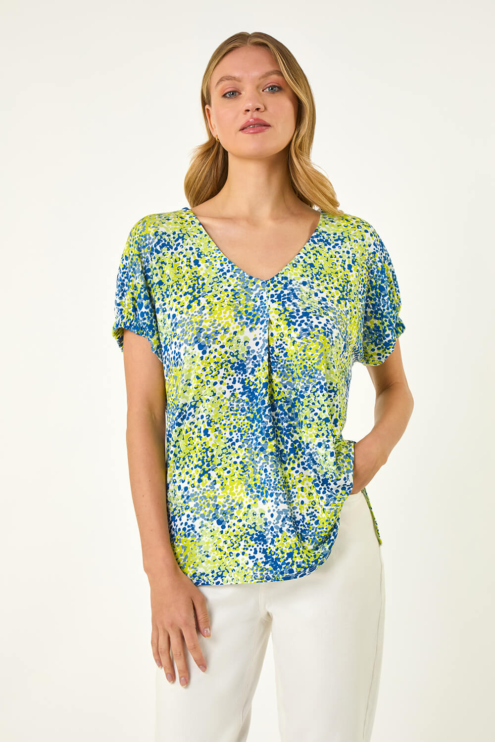 Roman Women's Lime Abstract Spot Print Pleat Front Top - Size 12
