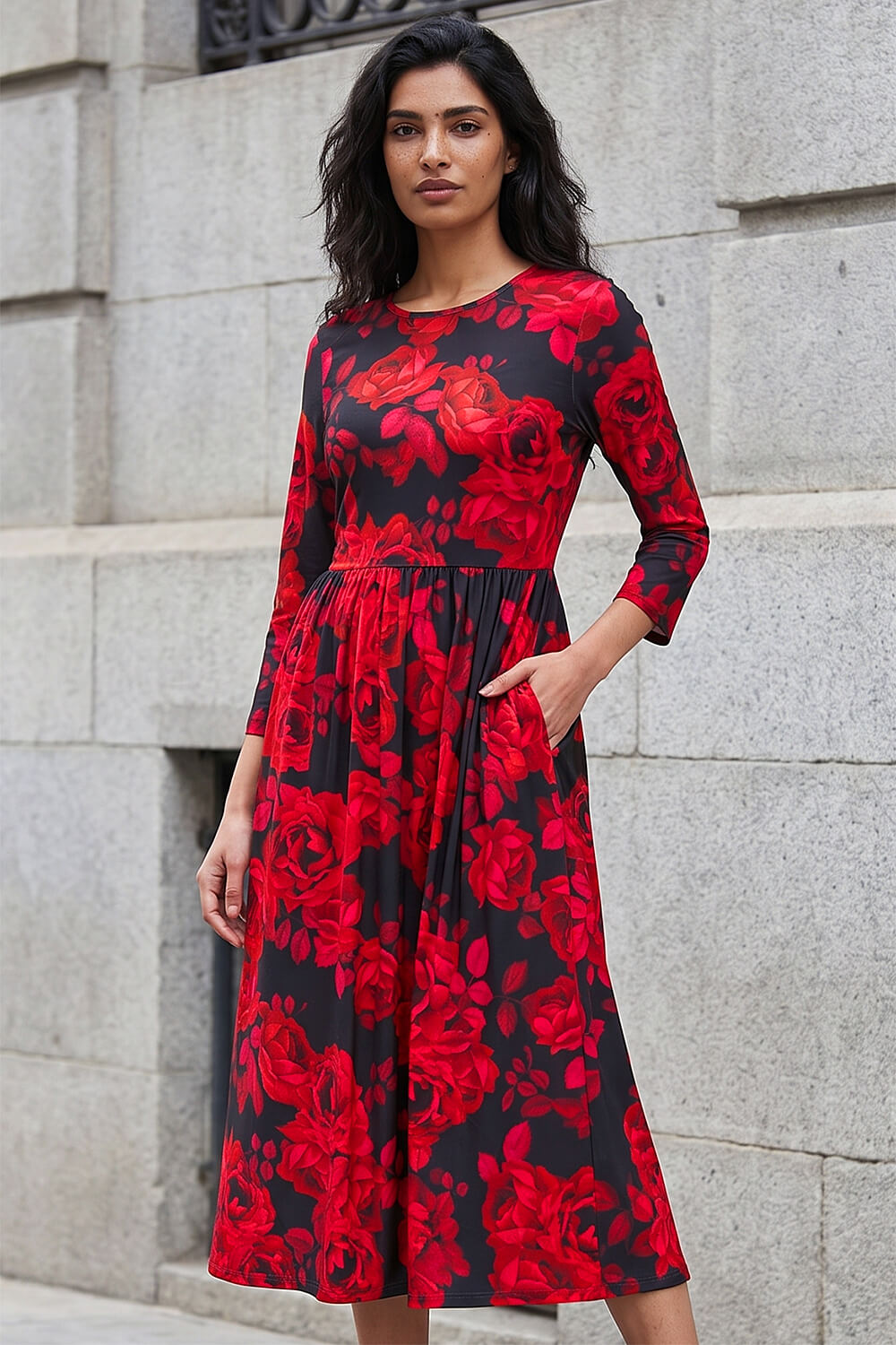 Roman Women's Red Rose Print Gathe Stretch Midi Dress Size 20