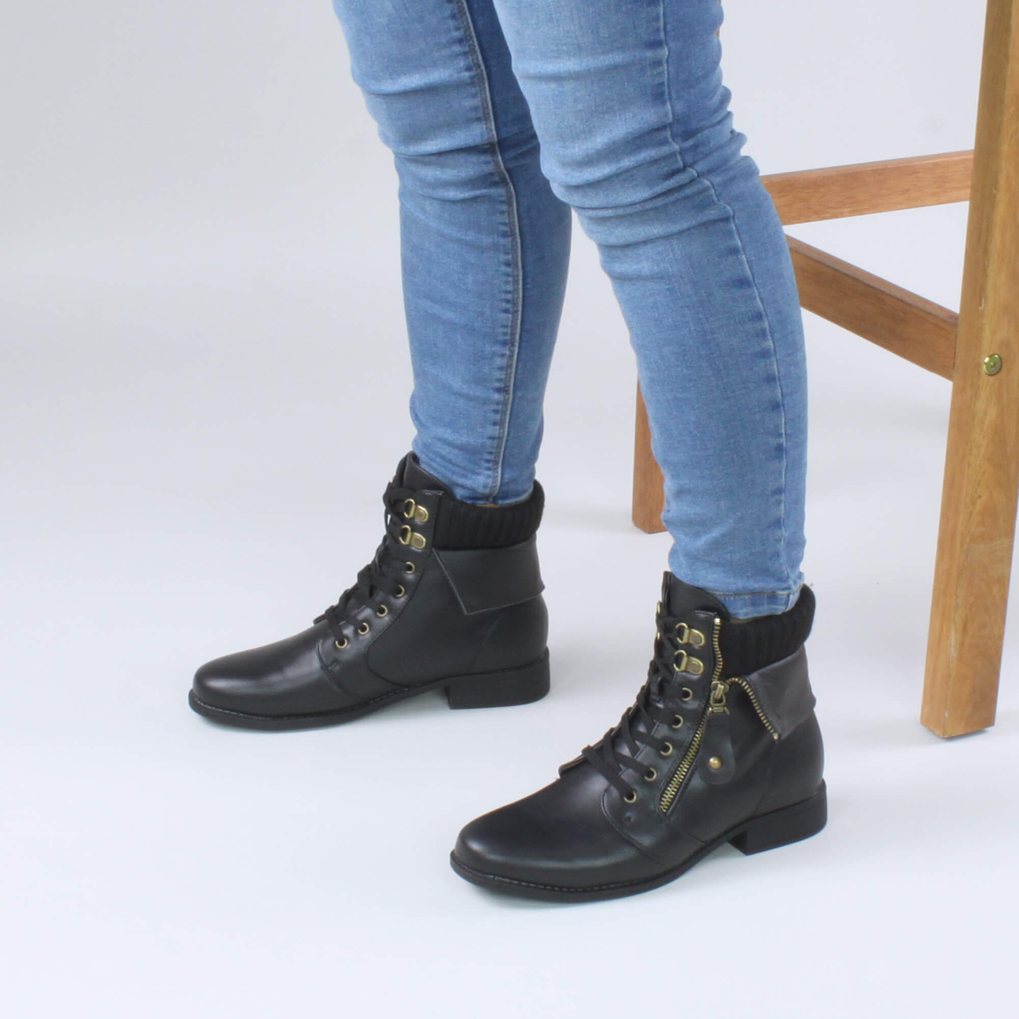 Black AJVANI Black Lace Up Knitted Collar Biker Military Boots, Image 5 of 6