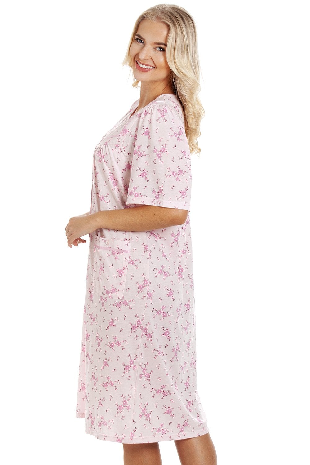 Pink Camille Lingerie Pink Short Sleeve Button Up Floral Nightdress, Image 6 of 6