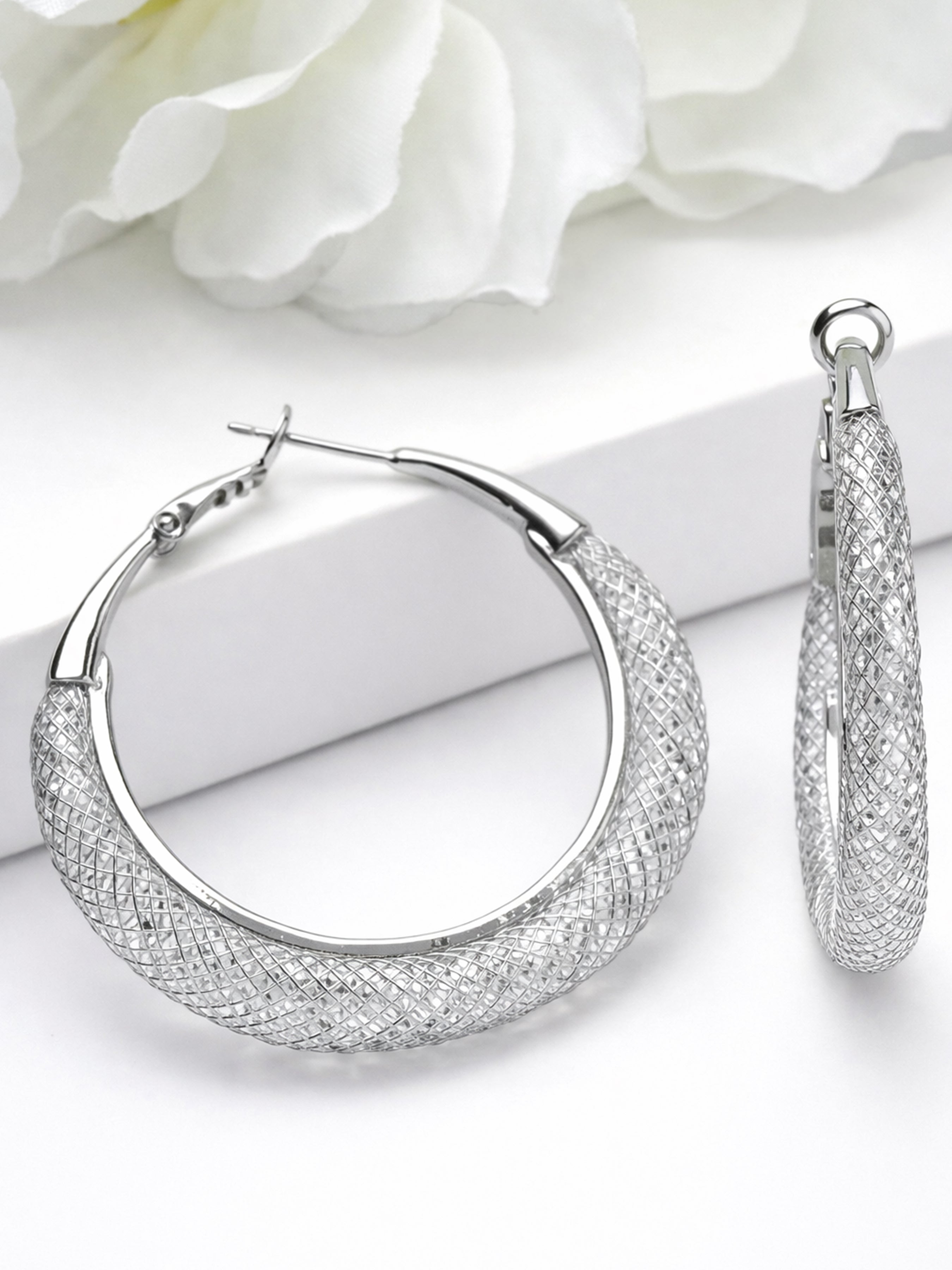 Silver Textured Wide Hoop Earrings, Image 3 of 3