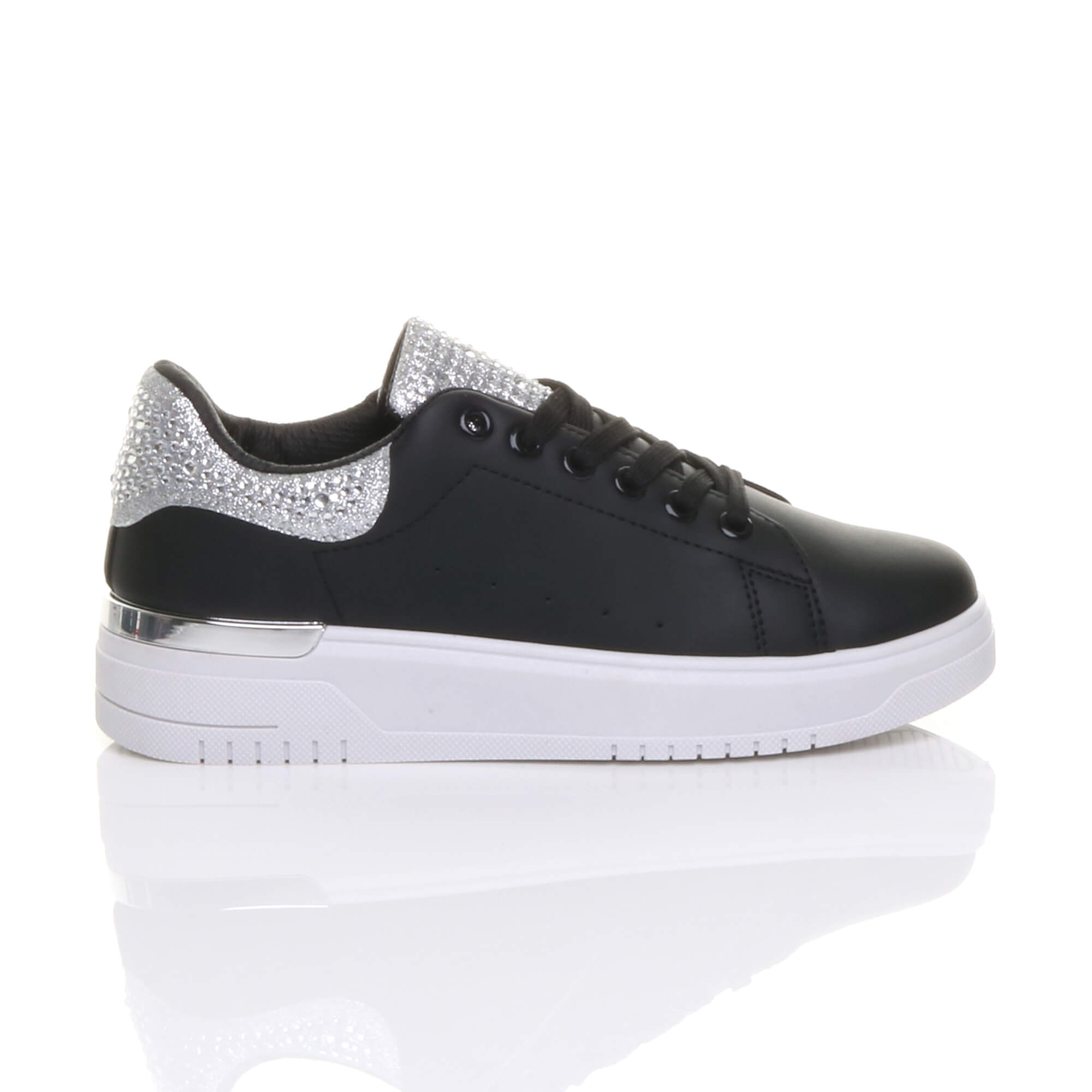 Silver AJVANI Silver Flat Chunky Diamante Sparkly Trainers, Image 2 of 6