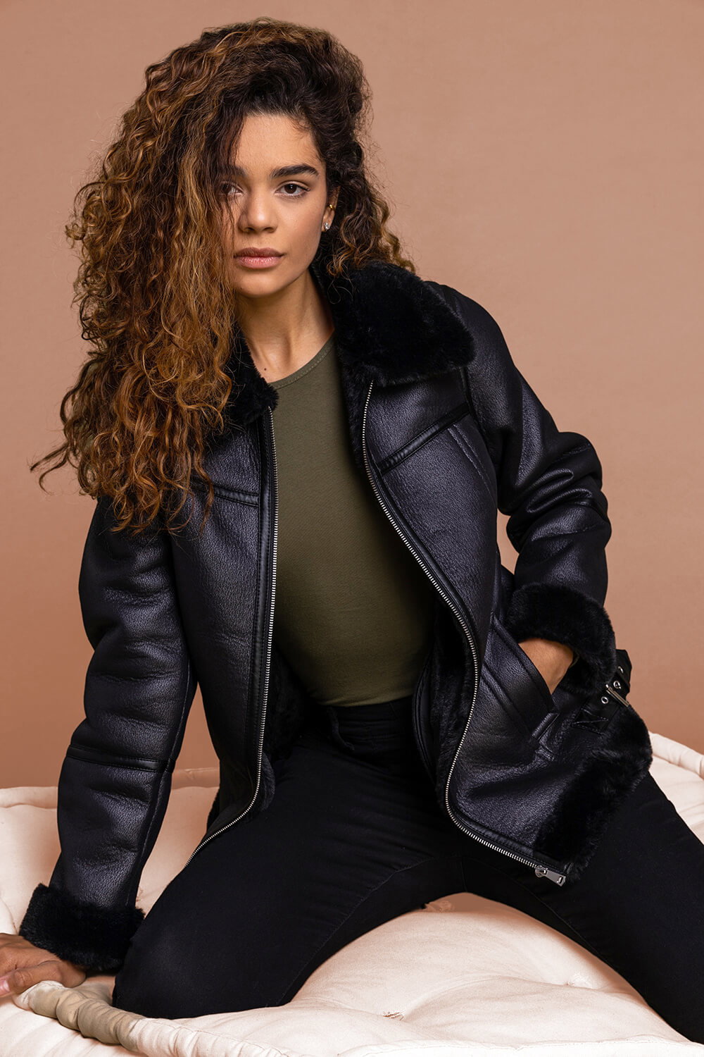 Black Faux Fur Lined Aviator Jacket, Image 6 of 5