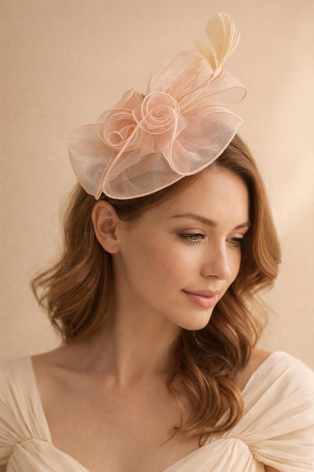 Pink Rose Bouquet With Big Bow & Feather Fascinator